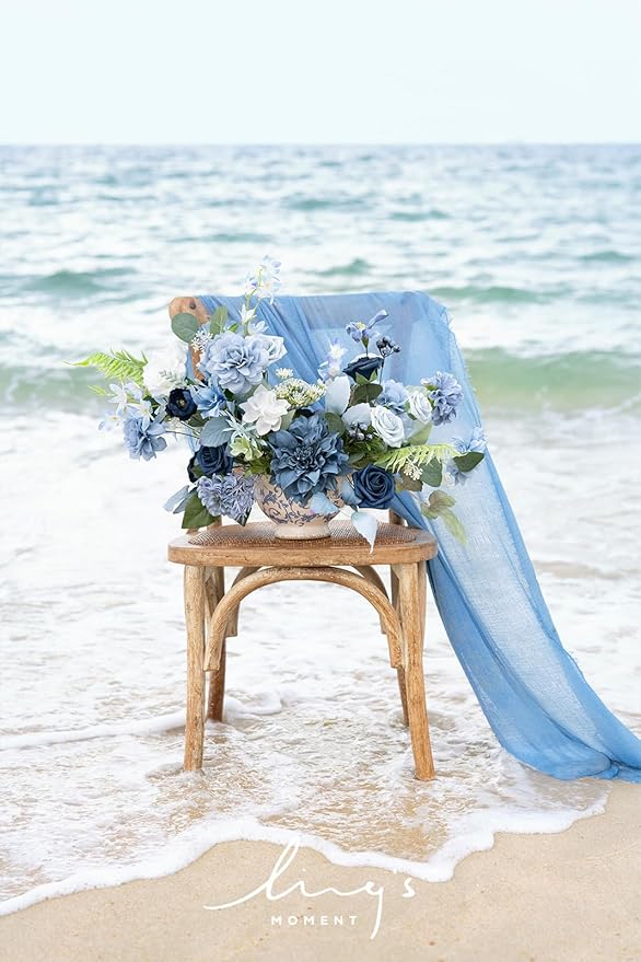 Ling's moment Fake Flowers Box, Faux Artificial Greenery Stems Foam Roses Gardenias Silk Dahlia Peony Fabic Flower for Centerpieces Bouquet Wedding Vase Decorations, Dusty Blue & Navy, Deluxe Combo
