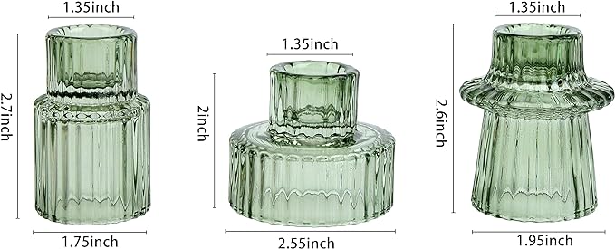 Vixdonos Taper Glass Candlestick Holders Tealight Candle Holders for Table Centerpieces, Wedding Decor and Dinner Party (3 Pcs, Green)