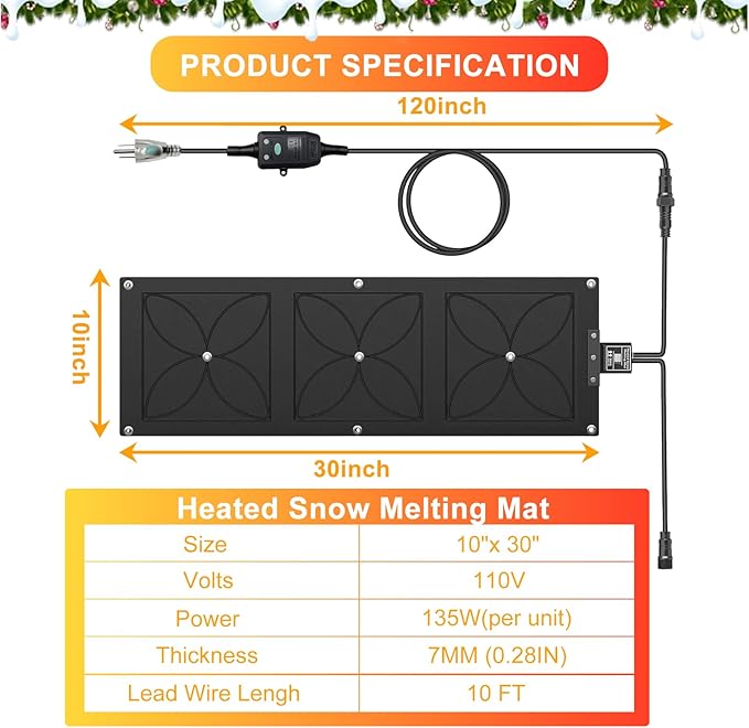 10" x 30" Heated Snow Melting Mat, 7mm Thickening Anti-Slip Rubber Snow and Ice Melting Mat, Electric Winter Heating Mat for Outdoor Steps,Stairs,Sidewalks,Walkways (Pack of 1)