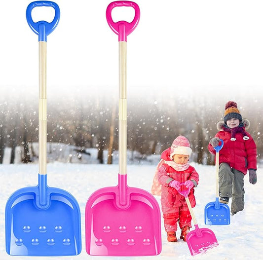 2PCS Kids Snow Shovel, 32" H Detachable Wooden Childs Snow Shovel with Plastic D-Grip Handle and Scoop Winter Children Shovel Blue Pink Toddler Shovel Outdoor Play Snow Gift for Boy Girl Snow Removal