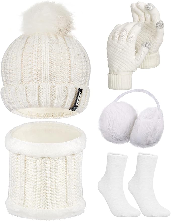 5 Pieces Women Winter Warm Set Knit Beanie Hat Scarf Touchscreen Gloves Earmuffs Stockings 5 in 1 Ski Outing Set for Gift