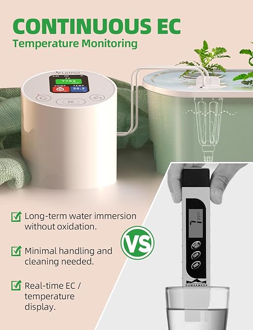 LetPot EC & Temperature Meter with APP and Water Pump Multi-Layer Electroplated Probe, Water Shortage Reminder, Conductivity Meter for Hydroponic System and Indoor Plant Grow (with Pump)