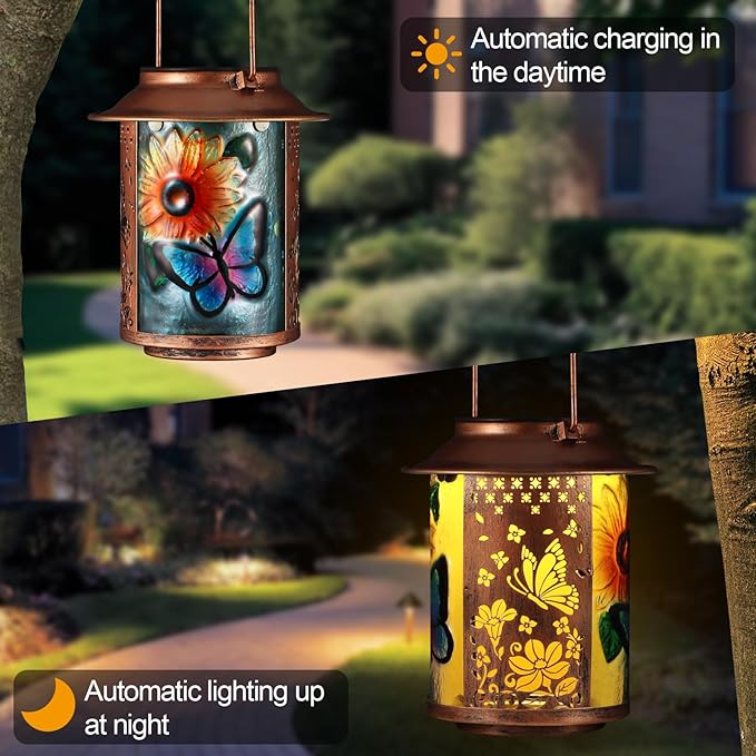 Butterfly Solar Lanterns Outdoor Waterproof, Birthday Gifts for Women Mom Grandma , Metal Garden Decor Hanging Solar Lights Outside Decorative for Yard Patio Backyard Porch Decorations(Sunflower)