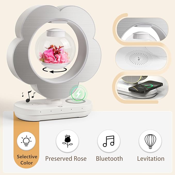 LoveLin Floral Preserved Rose Flowers with Bluetooth Speakers, 5W Magnetic Levitation Table Lamp with Variable Color LED Light, Unique Forever Flower Gift for Women, Girls, Mother and Grandma