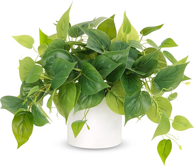 JPSOR Faux Plants Indoor, Pothos Small Fake Plants for Home Decor Indoor Fake Potted Plant Artificial Plants for Living Room Shelf Home Office Decor（White Ceramic Pot）