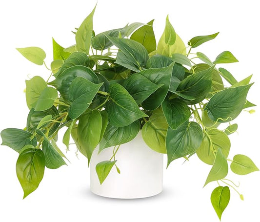 JPSOR Faux Plants Indoor, Pothos Small Fake Plants for Home Decor Indoor Fake Potted Plant Artificial Plants for Living Room Shelf Home Office Decor（White Ceramic Pot）