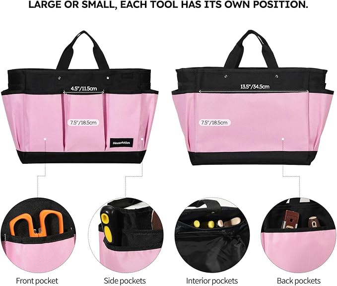 Housolution Gardening Tote Bag, Deluxe Garden Tool Storage Bag and Home Organizer with Pockets, Wear-Resistant & Reusable, 14 Inch, Pink