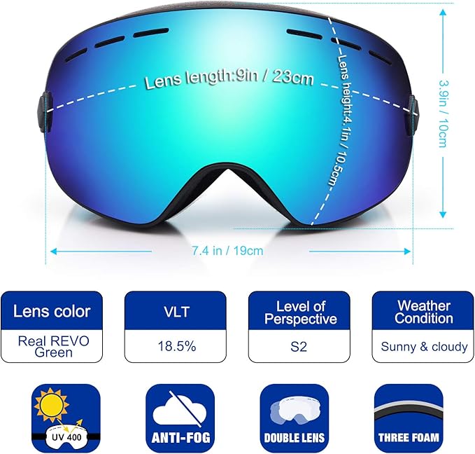 EXP VISION Snowboard Ski Goggles Men Women Youth, Anti Fog OTG Winter Snow Goggles Spherical Detachable Lens