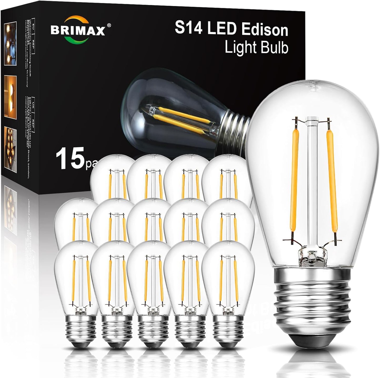 BRIMAX 2w S14 Led Edison Light Bulbs Outdoor 11w Incandescent Filament Bulb Replacement 2700K Bright Warm White Dimmable, E26 Base Durable Led Bulb for Outdoor Patio String Light,15pack