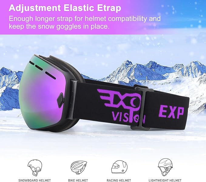 EXP VISION Snowboard Ski Goggles Men Women Youth, Anti Fog OTG Winter Snow Goggles Spherical Detachable Lens