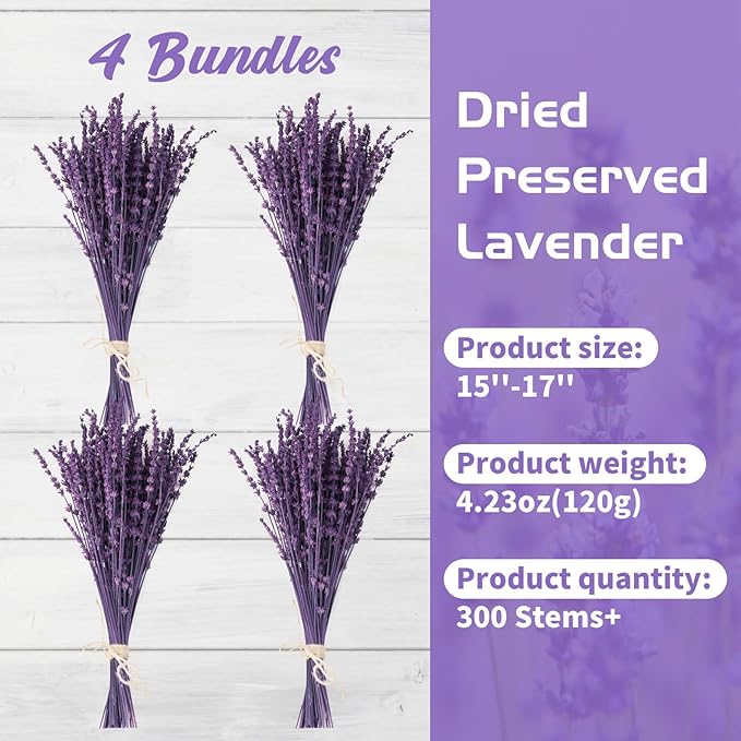 4 Packs Dried Preserved Lavender Flowers Bundle, Natural Purple Dried Lavender Bouquet 15''-17" for Crafts Shower Weeding Home Vase Decor, Aromatherapy, Fragrance, Dry Live Plants (Purple-4.23oz)