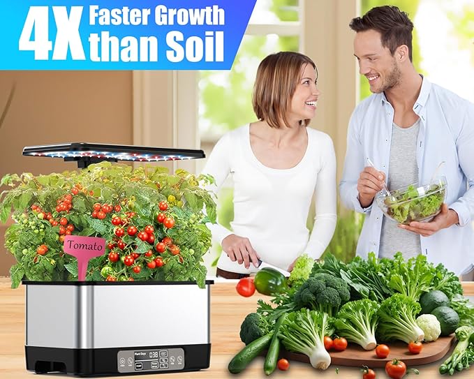 Hydroponics Growing System Indoor Garden, Smart Indoor Herb Garden with Grow Light, in Door Gardening System 8 Pods, APP & WiFi Control, Auto Timer, Quiet Pump, Stainless, Gift for Women Mom, Black