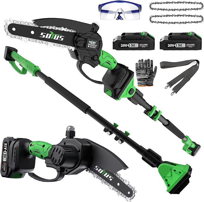 SOYUS 2-IN-1 Cordless Pole Saw & Mini Chainsaw, 21V 6-Inch Electric Pole Chainsaw for Tree Trimming, Auto Oiling, 15FT MAX Reach Pole Saw for Thick Branches(2x2.0Ah Batteries & Charger Included)