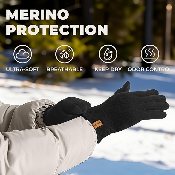 ACUSHLA Merino Wool Glove Liner -Touchscreen Lightweight Base Layer Ski Liner Glove for Men & Women