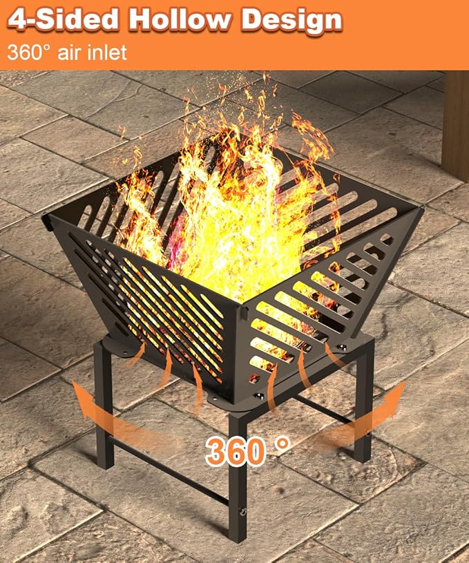 Outdoor Fire Pit — 17 Inch Portable with Storage Bag for Camping, Patio Heating, Picnic and BBQ, Trapezoid Diagonal Hollow, Black