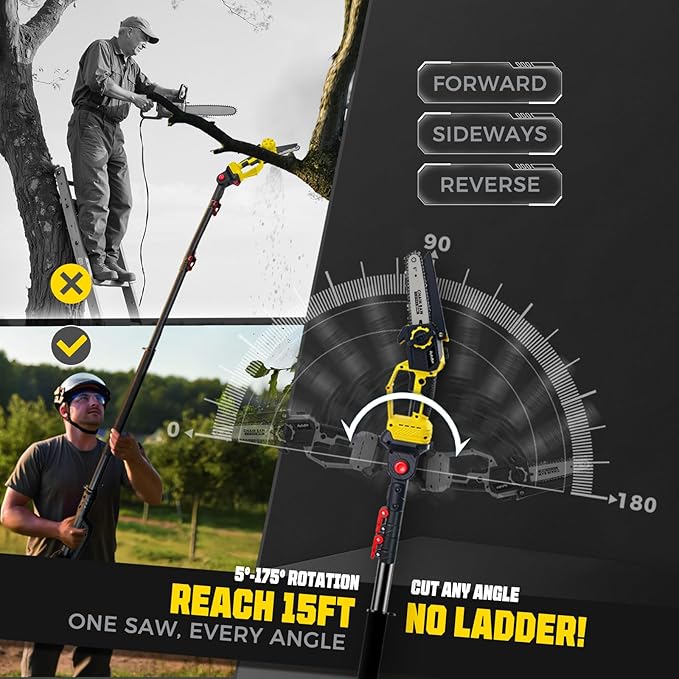 2-in-1 Electric Pole Saws for Tree Trimming, 1200W Brushless Cordless Pole Saw & 6 Inch Mini Chainsaw,16 Ft Max Reach & Multi-Angle, Tree Trimmer Branch Cutter Limb Pruner with 2 Batteries