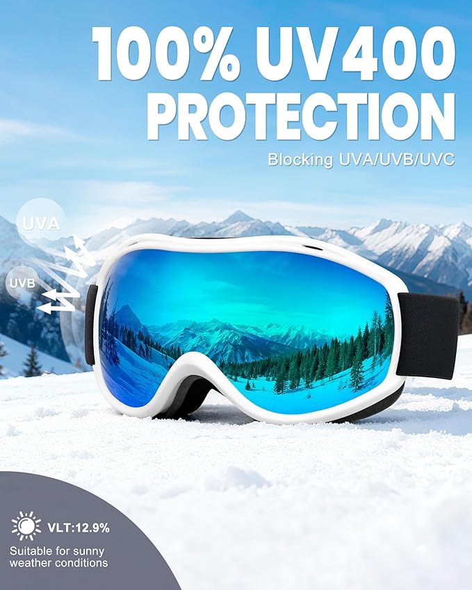 AVV Ski Goggles UV Protection, Anti-Fog Snowboard Snow Goggles OTG for Men Women Adults & Youths