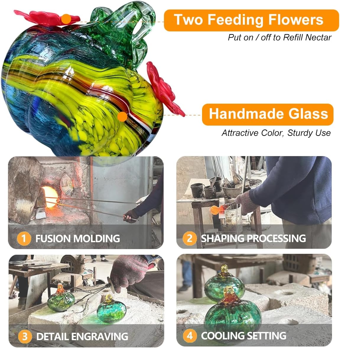 Small Glass Hummingbird Feeders for Outdoors Hanging - 4PC X Mixed Color Hand Blown Glass Pumpkin Nectar Feeding + Rain Cover, 2 Flowers Feeding Ports, Decor for Garden/Backyard Outside