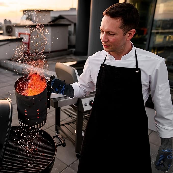 1472°F Extreme BBQ Gloves Grill Oven Safety Gloves, Cut Resistant with Non-Slip Silicone for Grilling, Frying, Baking, Fireplace, Cooking (2 Pieces Set) (Black Strips Long)