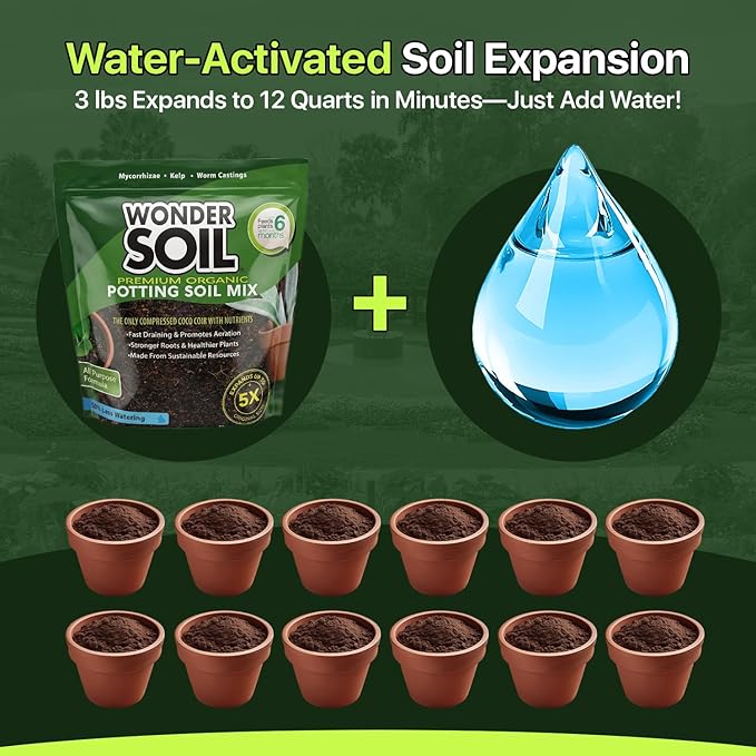 WONDER SOIL | Organic Potting Soil | 12 QUARTS of Ready to Plant Coco Coir Fully Loaded with Nutrients | 3 LBS Bag Expands to 12 Quarts of Indoor Outdoor Soil | Incl Worm Castings, Perlite