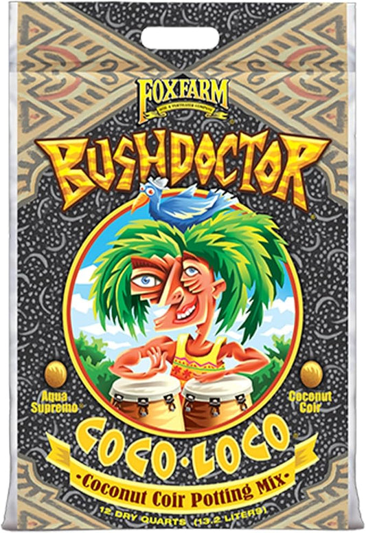 FoxFarm BushDoctor Coco Loco Soil Potting Mix, Triple-Washed for Reduced Salt, Retains Water, Includes Bat Guano & Earthworm Castings - Ideal for All Gardens 12 Quart