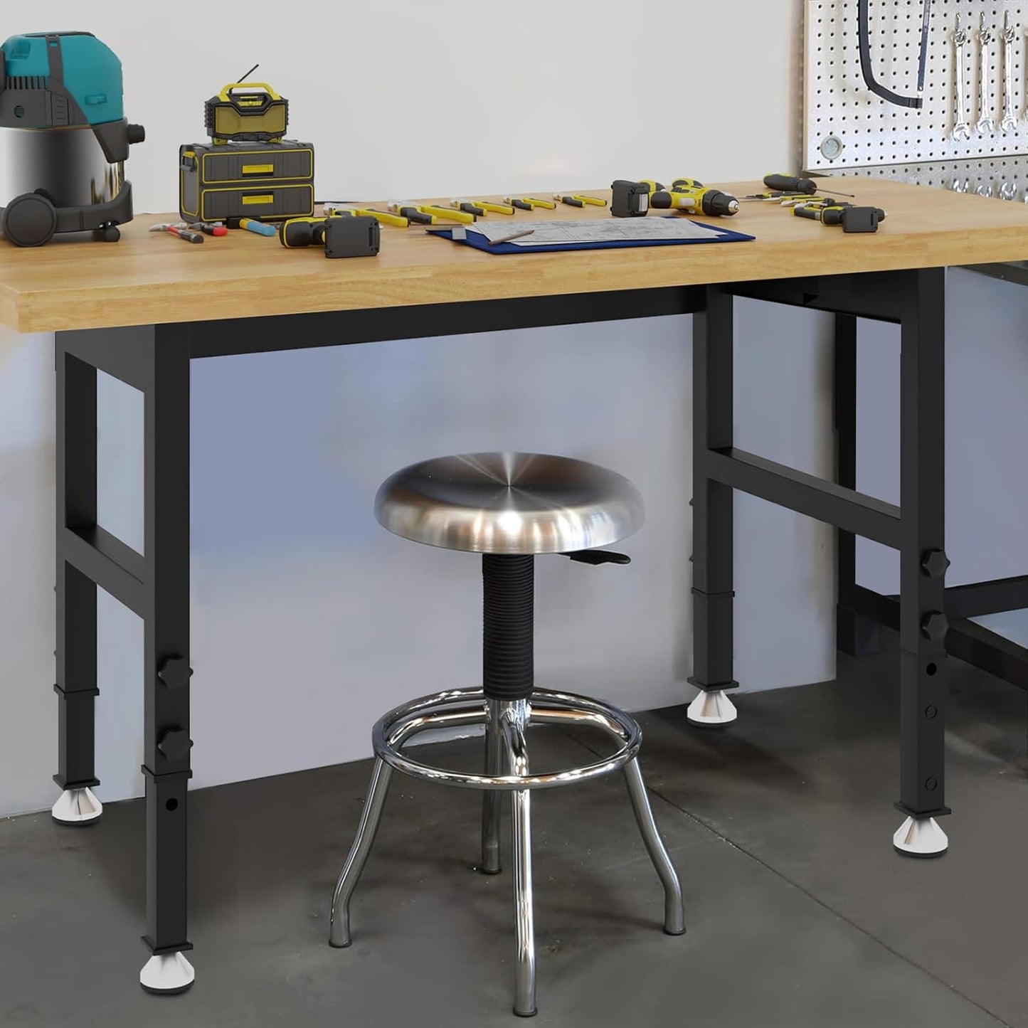 48'' Adjustable Workbench, Solid Wood Work Bench Table, Metal Tool Bench Work Bench with Power Outlet, Heavy Duty Large Load Capacity Garage Workbench Workshop Table for Workshop,Office,Home