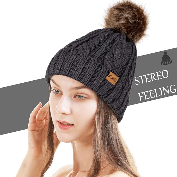 REDESS Women Winter Pompom Beanie Hat with Warm Fleece Lined, Thick Slouchy Snow Knit Skull Ski Cap