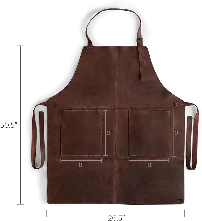 Hide & Drink, Rustic Apron with Large Pockets and Adjustable Straps, Full Grain Leather, Handmade
