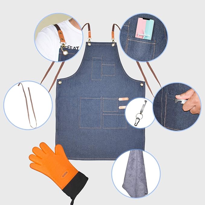Grilling Apron Set Include 1 BBQ Glove,1 Bottle Opener,1 Towel and 1 Demin Apron for Chef Kitchen BBQ Grill, Nice Fathers Day or Dad Birthdays Gifts