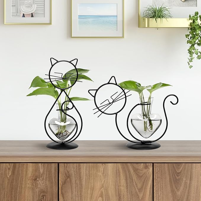 Plant Terrarium Plants Propagation Station Cat Lover Gifts for Women Home Office Decor Cat Desk Accessories