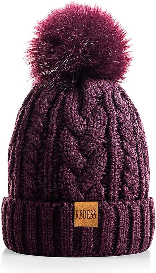 REDESS Women Winter Pompom Beanie Hat with Warm Fleece Lined, Thick Slouchy Snow Knit Skull Ski Cap