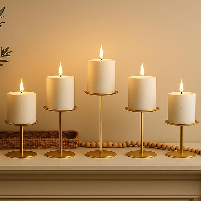 smtyle Christmas Gold Candle Holders for Pillar Candles Table Centerpieces Indoor Decoration Set of 5 Mantel Setting Dinner Party Wedding Event Elegant Gift