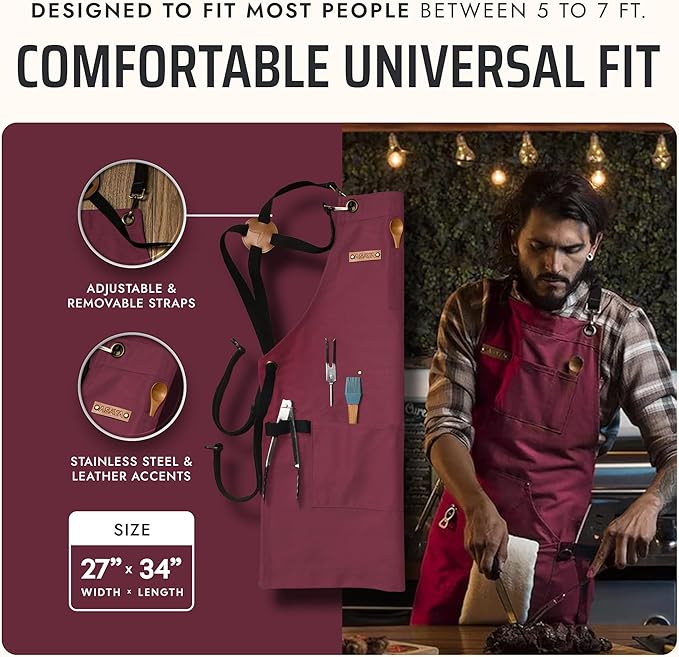 Asaya Chef and BBQ Apron with Bottle Opener and Hand Towel - 10oz Cotton Canvas, Stainless Steel Hardware - Cross Back Straps