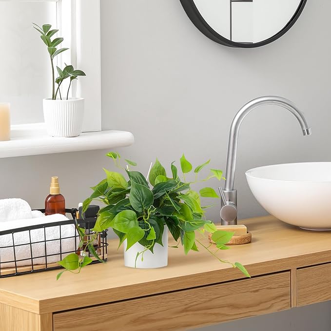 JPSOR Faux Plants Indoor, Pothos Small Fake Plants for Home Decor Indoor Fake Potted Plant Artificial Plants for Living Room Shelf Home Office Decor（White Ceramic Pot）
