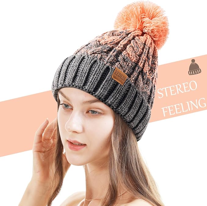 REDESS Women Winter Pompom Beanie Hat with Warm Fleece Lined, Thick Slouchy Snow Knit Skull Ski Cap