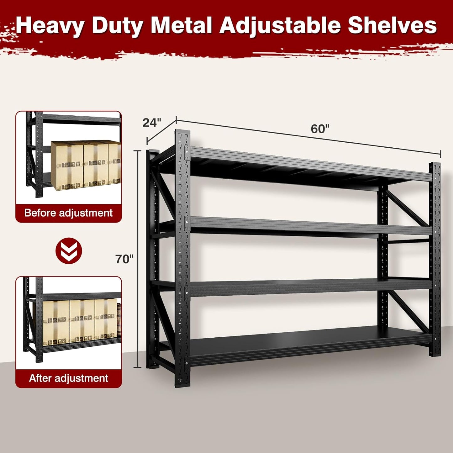 7000LBS Metal Steel Storage Shelves - 78.7" W Black 4 Tier Heavy Duty Rack Commercial Industrial Shelving with Adjustable Shelf for Basement Garage Warehouse - 78.7" W x 24" D x 78.7" H