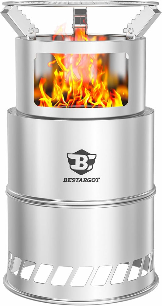Bestargot Camping Wood Stove, Extra Large Size 8 x 12 inches, Portable Smokeless Fire Pit, Stainless Steel, Windproof & Stackable Gas Burner for Camping, Hiking, Fishing, Hunting, Survival Stove