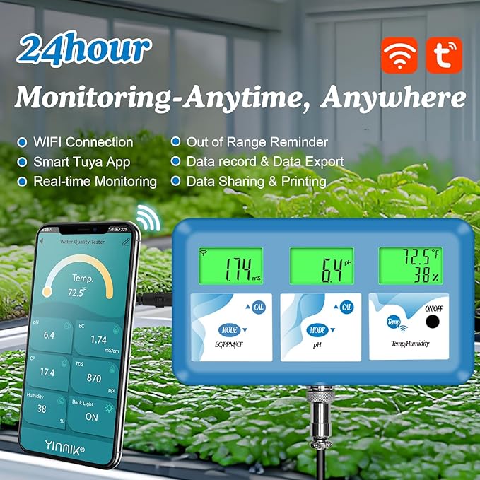 Hydroponic ppm pH Monitor, WiFi 6 in 1 pH EC Meter for Hydroponics Growing System,Continuous Monitoring pH PPM EC CF Humidity Temp of DWC Grow System Water Reservoir Tank Aeroponic Garden Aquarium...