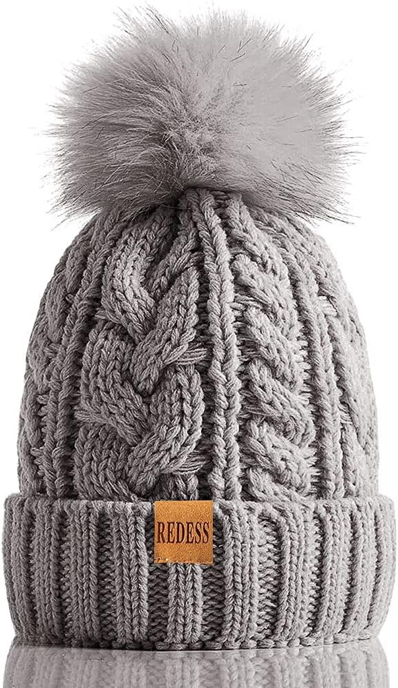 REDESS Women Winter Pompom Beanie Hat with Warm Fleece Lined, Thick Slouchy Snow Knit Skull Ski Cap