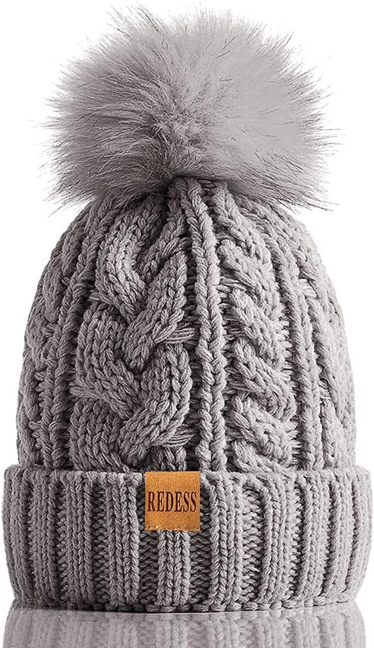 REDESS Women Winter Pompom Beanie Hat with Warm Fleece Lined, Thick Slouchy Snow Knit Skull Ski Cap