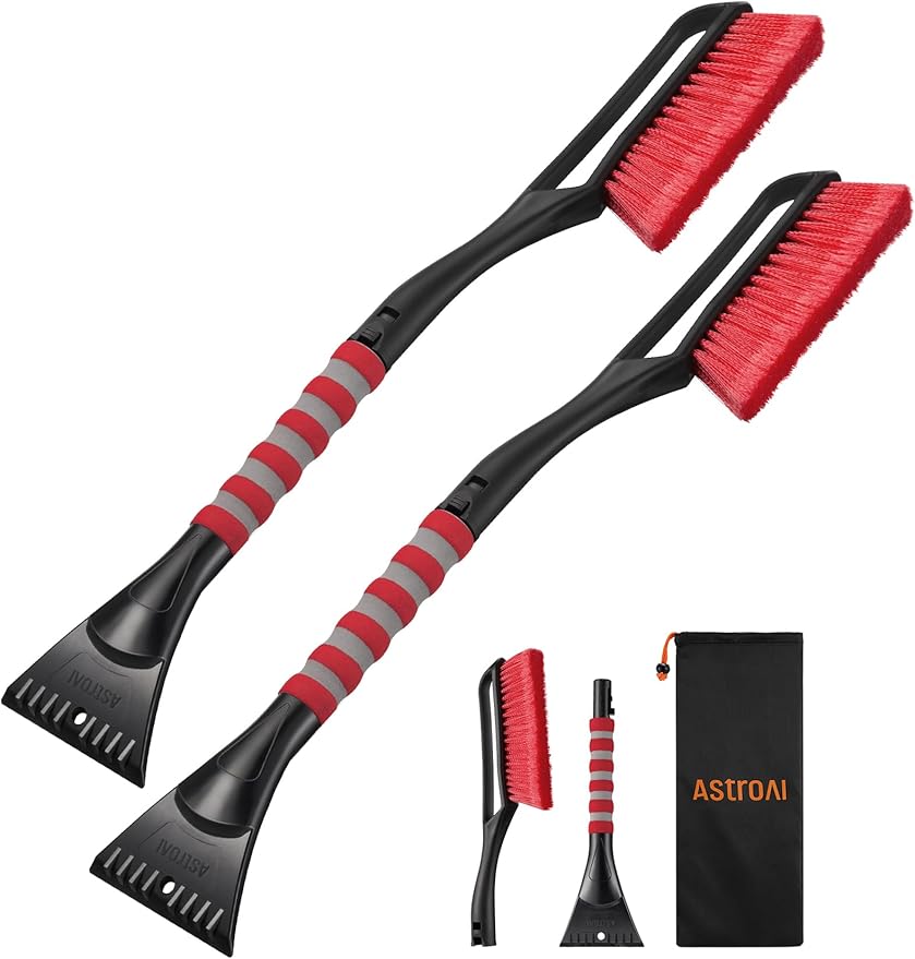 AstroAI 2 Pack 27" Snow Brush and Ice Scrapers for Car Windshield, Detachable Snow Scrapers with Ergonomic Foam Grip for Cars, Trucks, SUVs (Heavy Duty ABS, PVC Brush, Orange)