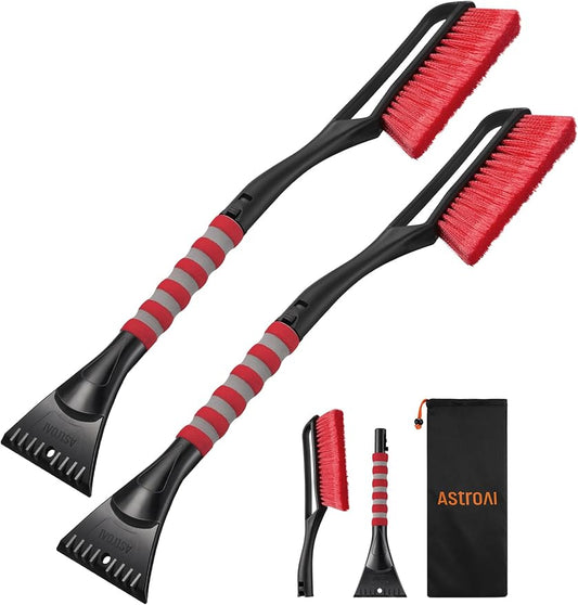 AstroAI 2 Pack 27" Snow Brush and Ice Scrapers for Car Windshield, Detachable Snow Scrapers with Ergonomic Foam Grip for Cars, Trucks, SUVs (Heavy Duty ABS, PVC Brush, Orange)