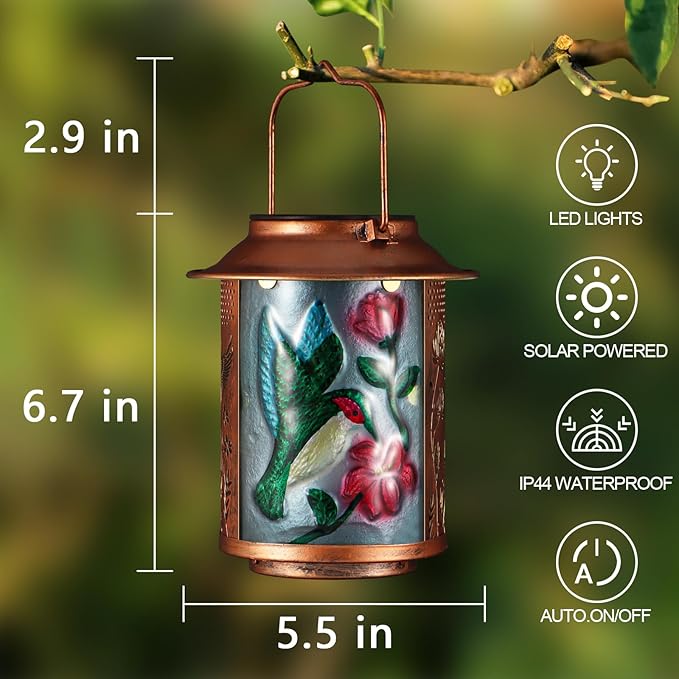 Hummingbird Solar Lanterns Outdoor Waterproof, Birthday Gifts for Women Mom Grandma , Metal Garden Decor Hanging Solar Lights Outside Decorative for Yard Patio Backyard Porch Decorations