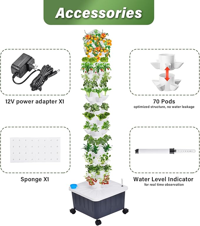 Hydroponics Tower, 14-Layer 70 Slots Hydroponic Fruit Tower with Pumb, Plants Germination Kit Indoor Vertical Planter for Apartment Detached House