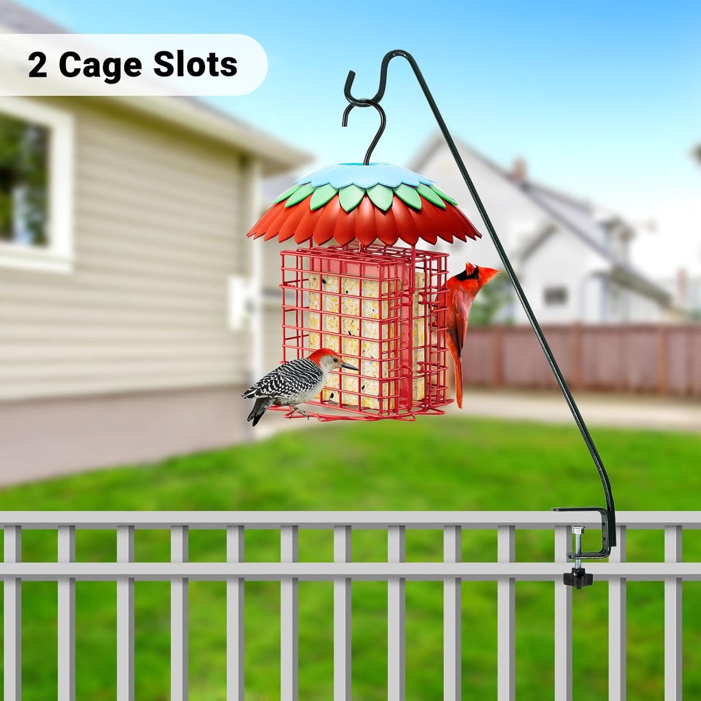 Suet Feeder Double with Weather Guard & Ant Moat, Skaithee Bird Feeders for Outdoors Hanging with 2 Holders Keep Cakes Clean & Fresh Attracts Wild Birds Great for Woodpecker & Clinging Birds, Red