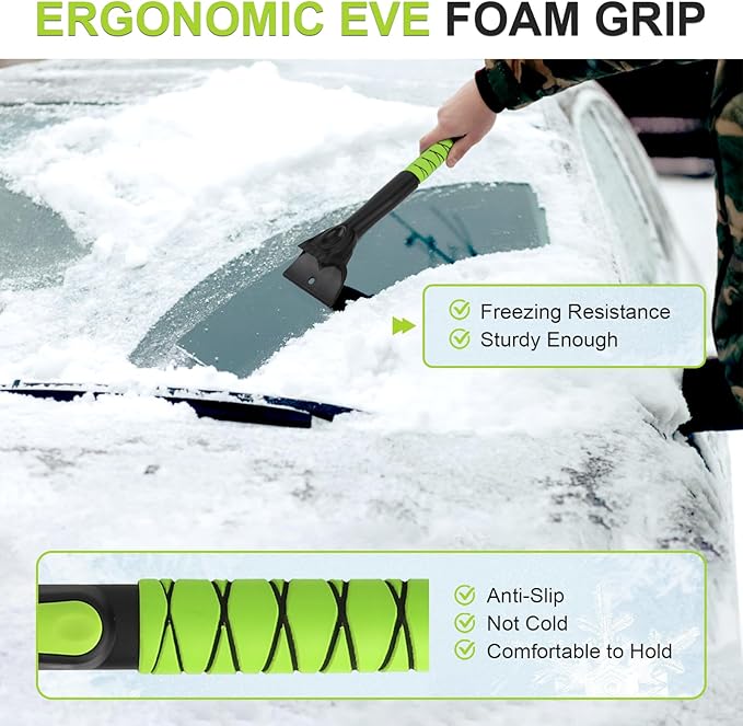 YOUGFIN 4 in 1 Ice Scraper & Snow Brush & Snow Shovel for Home Car, 43" Extendable Window Ice Removal with Squeegee for Windshield, Heavy Duty Snow Cleaner with Foam Grip & 180° Rotating Head for Auto