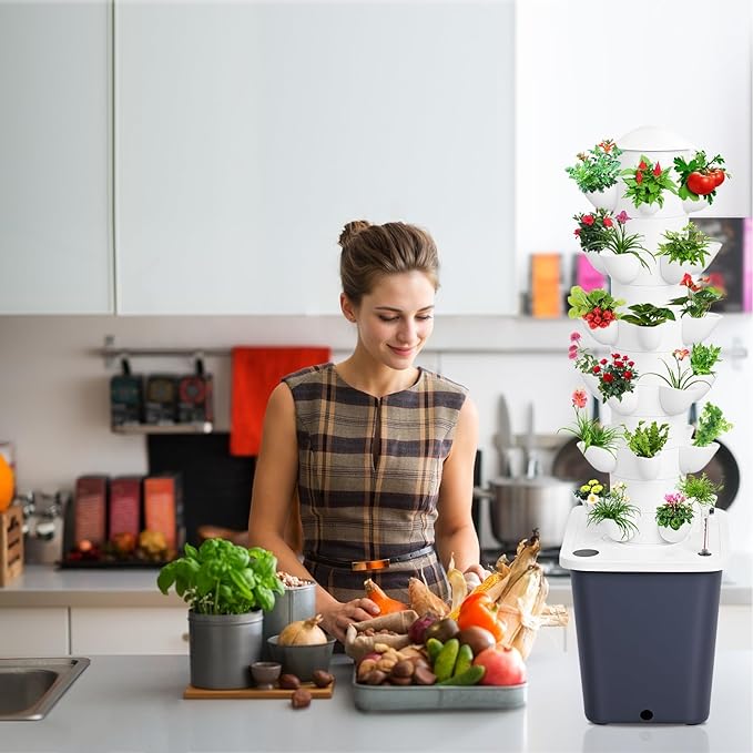 Hydroponic Growing Tower with 10L Tank, 6 Layers 30 Plants Indoor Outdoor Hydroponics Growing System, Soilless Cultivation Herbs Fruits Vegetables Vertical Planter Tower Garden Set Black US