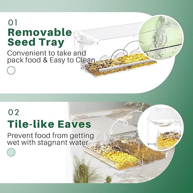 Window Bird Feeder for Outdoors, Clear Wild Bird Feeders Window Mounted with Self-Adhesive Hooks, Outside Hummingbird, burd, Oriole, Finch Bird Watching for Garden, Yard, Elderly Kids Viewing