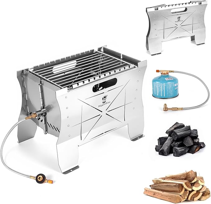 Camping Grill Folding Charcoal Grill,2 in 1 Portable Duel Fuel Charcoal or Gas Grill or Fire Pit,Stainless Steel Camping Barbecue Grill for Outdoor Barbecuing Picnicking with Storage Bag