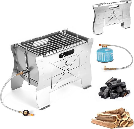 Camping Grill Folding Charcoal Grill,2 in 1 Portable Duel Fuel Charcoal or Gas Grill or Fire Pit,Stainless Steel Camping Barbecue Grill for Outdoor Barbecuing Picnicking with Storage Bag
